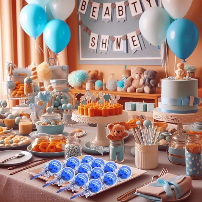 48 Pieces Fillable Baby Rattle Party Favors, Blue with Decorative Bear & Ribbon