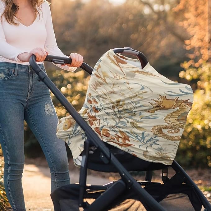 Forchrinse Retro Sea Horse Print Nursing Breastfeeding Cover,Baby Car Seat Canopy Infant Stroller Covers for Newborn,Fit Shopping Cart/High Chair/Stroller