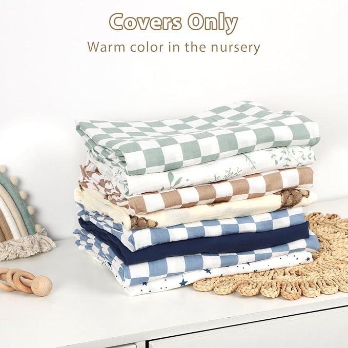 Hooyax Muslin Baby Lounger Cover 2 Pack - 100% Breathable Cotton Soft Infant Lounger Covers, Fits Most Standard Newborn Loungers & Pillows (Blue Cherker+Coffee Checker)