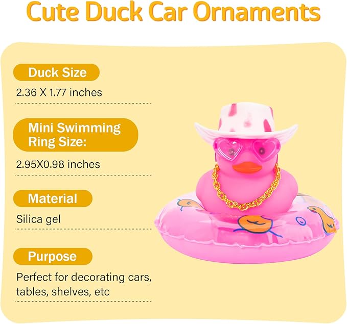 wonuu Pink Rubber Duck, Heart-Shaped Sunglasses Rubber Ducks for Cars, Funny and Cool as Car Ornament Gifts, Pink Cowboy Hat