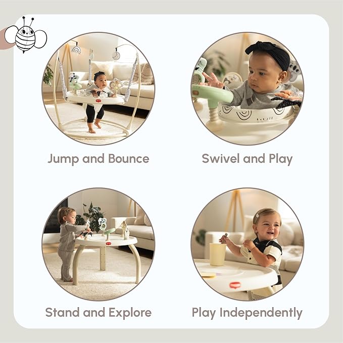 Tiny Love 4-in-1 Jump & Play Stationary Activity Center, Baby Jumper with Lights & Music, Developmental Toys, 360 Swivel Seat, Baby Activity Entertainer for 6 Months+, Black and White