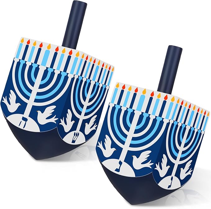 Wonderjune 2 Pcs Hanukkah Dreidels Extra Large Wooden Dreidel for Hanukkah Decoration with English Transliteration, Forever Spinning Tops Party Favors(Candlestick)
