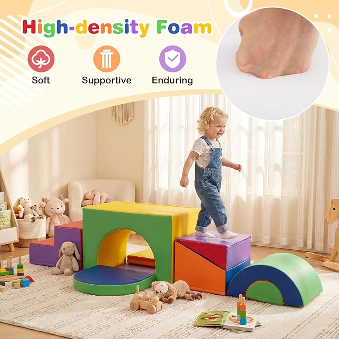 Costzon 7 Pieces Toddler Climbing Toys Indoor, Climb & Crawl Activity Playset w/Slide & Tunnel, Waterproof PU Cover, Indoor Play Gym Structures for Toddlers, Foam Climbing Blocks for Kids 1+ Year Old