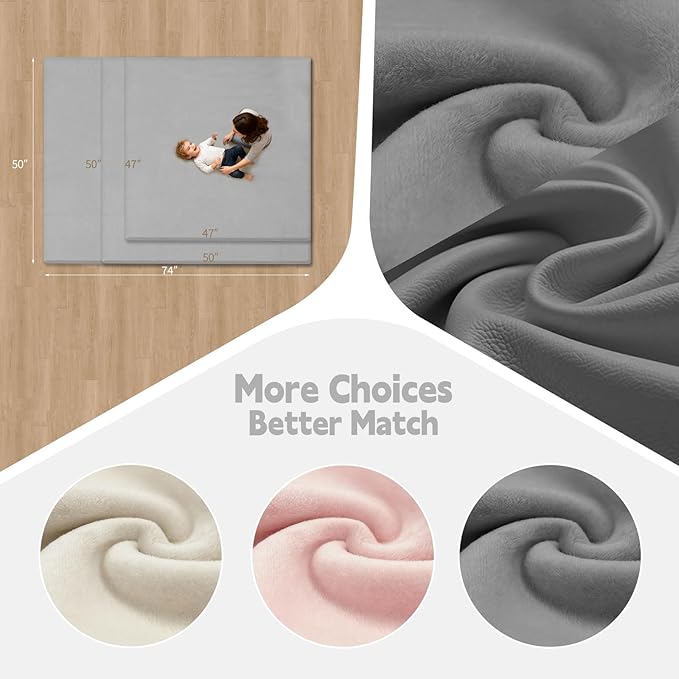 Velvet Baby Play Mat for Floor, 1.3" Thick Elasti-Foam 50"×50" Playpen Mat with Removable & Washable Velvet Cover for Toddler, Infant,Kids, Non-Slip Crawling Mat for Tummy Time (Grey)
