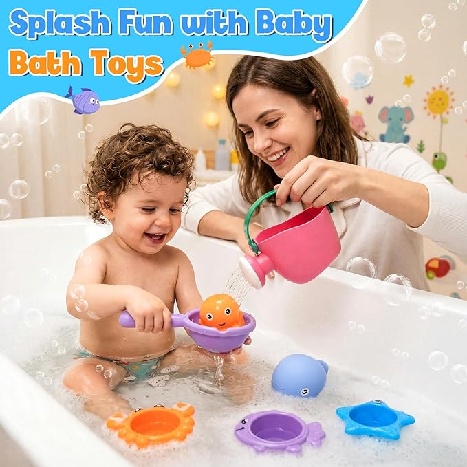 9 PCS Baby Bath Toys for Kids Ages 1-3, Mold Free Toddler Bath Toys for 2-4 with 3 No Hole Ocean Sea Animals and Storage Bag, Bathtub Beach Sand Water Table Toys for 1 2 3 Years Old Girls Boys Gifts
