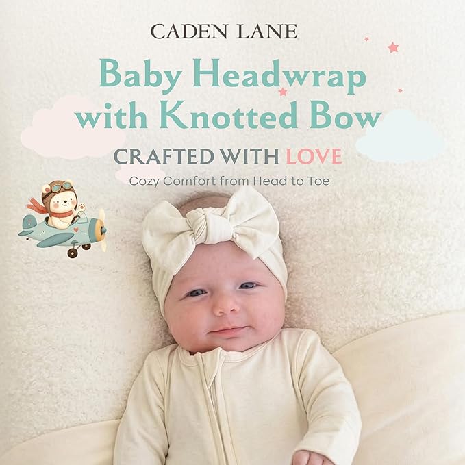 Caden Lane Baby Headwrap with Knotted Bow, Soft & Stretchy Bamboo Viscose, Comfortable Infant Hairband for Newborn & Toddler Girls, Ideal Gift for Baby Shower & Milestone Celebration, Oat Beige