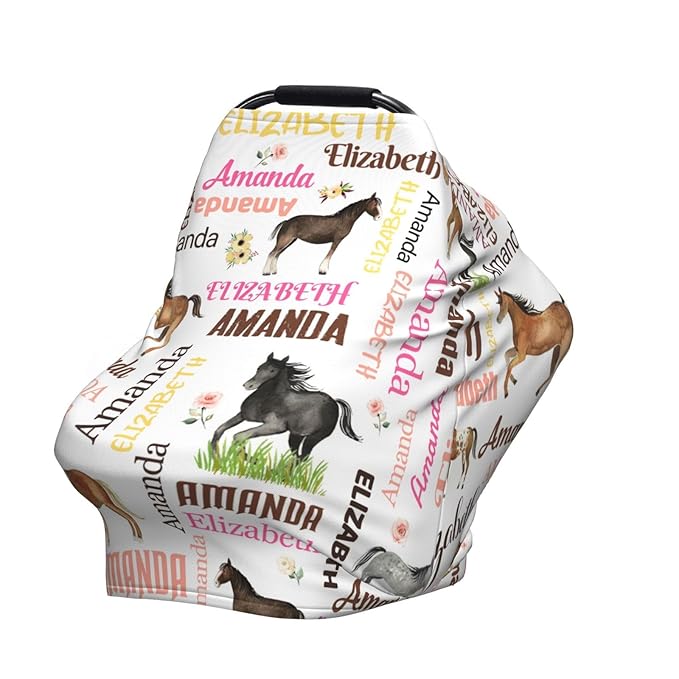 Personalized Baby Car Seat Cover for Girls, Custom Floral Horse Nursing Covers for Breastfeeding with Name, Infant Stroller Cover, Baby Carseat Canopy for Newborn, Multiuse Car Seat Canopies