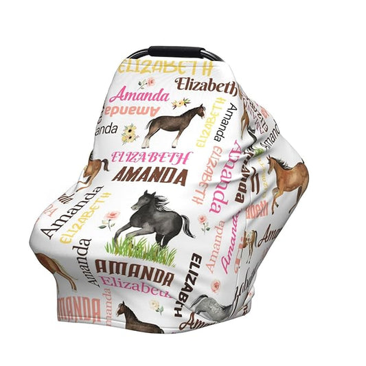 Personalized Baby Car Seat Cover for Girls, Custom Floral Horse Nursing Covers for Breastfeeding with Name, Infant Stroller Cover, Baby Carseat Canopy for Newborn, Multiuse Car Seat Canopies
