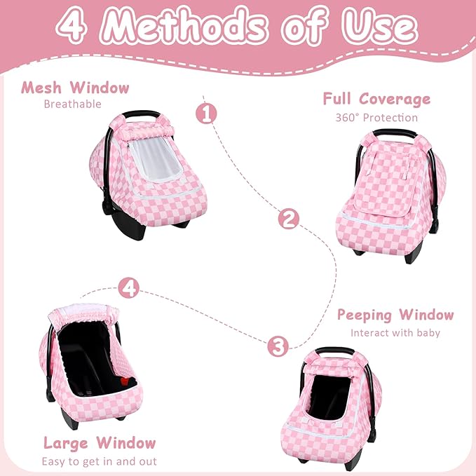 Baby Car Seat Cover with Mesh Window, Windproof Carseat Cover for Infant Girls, Infant Carseat Canopy with with Dual Zipper, Compatible with Most Baby Car Seat, Pink Checkered