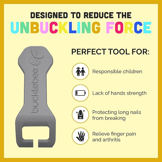 Bucklebee Easy Car Seat Buckle Release Aid for Children Unbuckle - Release Tool - Button Pusher - Opener for Nails - (Gray and Yellow)