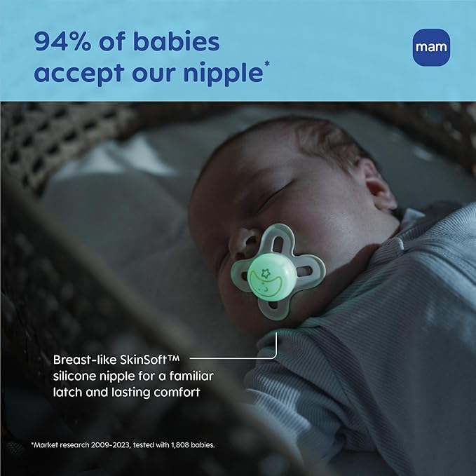 MAM Original Start Baby Pacifiers 0-3 Months, BPA-Free Skin Soft Silicone Nipple, Glows in The Dark, Developed with Medical Experts Specially for Smaller Newborn Mouths, 2 Pk with Sterilizer Case
