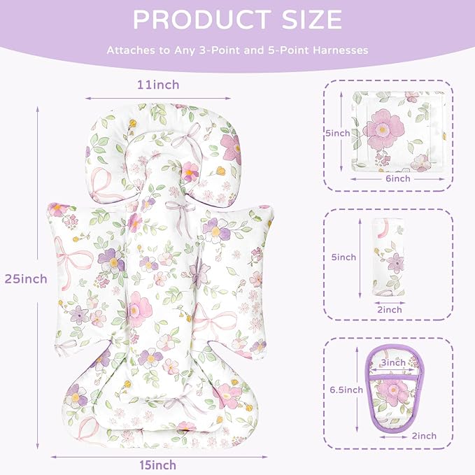 SWESEN Infant Car Seat Insert with 3 Strap Covers Set, Car Seat Head Support Baby for Girls, Soft 3 in 1 Baby Car Seat Cushion for Strollers, Bouncers, Swing, Purple Floral