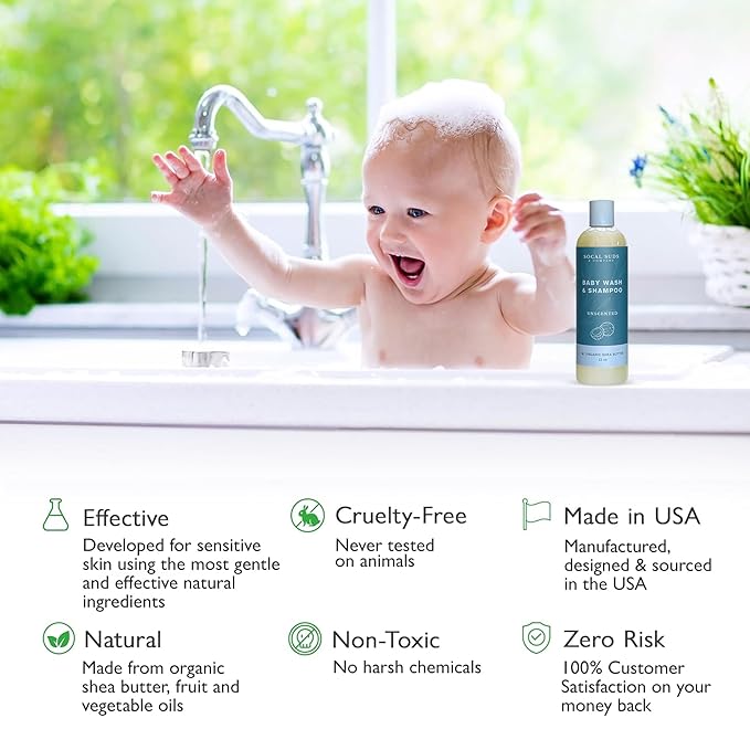 SoCal Suds & Company Baby Body Wash & Shampoo - Shea Moisture for Sensitive Skin - Fragrance Free Hair & Body Soap - Gentle Bath Products for Toddlers & Babies - 2 Pack Fragrance Free12oz Bottles