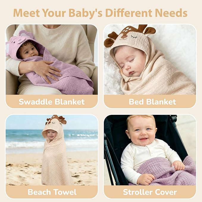 4 PCS Muslin Baby Bath Towels Set, 100% Cotton 2 PCS Animal Hooded Baby Towels 32x32 Inch & 2 PCS Washcloths, Ultra Absorbent & Soft Infant Newborn Essentials Gifts for Boys & Girls, Elephant & Deer