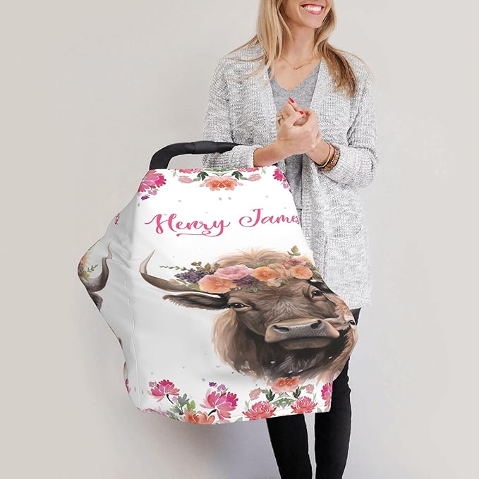 Personalized Car Seat Covers with Name, Buffalo Baby Canopy Carrier Cover, Breathable Breastfeeding Nursing Cover, Stretchy Multi-Use Infant Carseat Stroller Cover