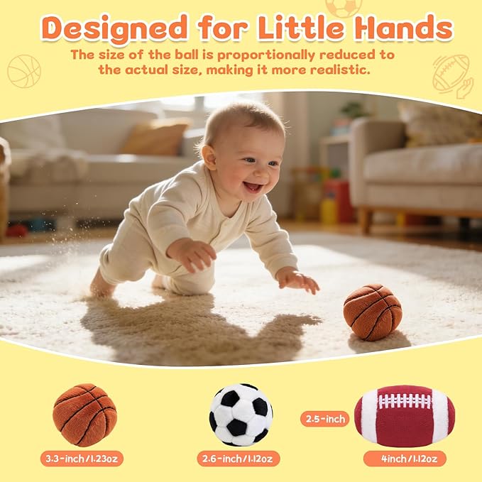 Baby Ball Toys 0-6 Months, Newborn Plush Rattle 3pcs Football Basketball Soccer Sports Set-Sensory Toys with Rattles for 0 3 6 9 12 Months Infant Boys Girls Birthday or Shower Gifts