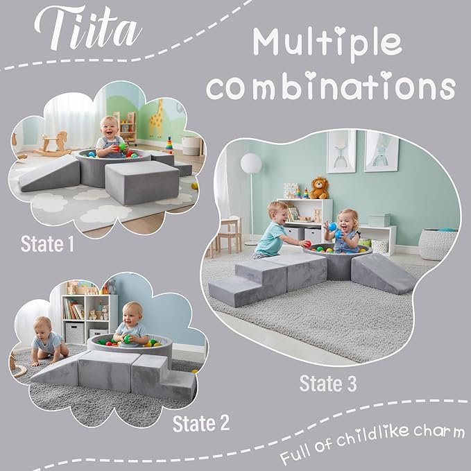 Tiita Climbing Toys for Toddlers 1-3 Indoor with Ball Pit, 4-Piece Kids Foam Climbing Blocks, Activity Soft Play Climbing for Baby, Grey, Balls not Included