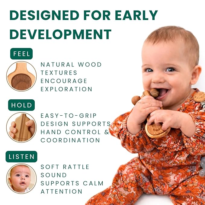 HippoToys Handcrafted Wooden Baby Rattle | Natural Teething Toy | Montessori Sensory Developmental Toy | Non-Toxic Organic Baby Toy | Newborn Infant Baby Boy Girl Gift 0-12 Months