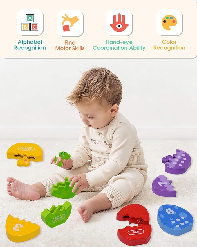 Toddlers Learning Toys Wooden Number Counting Montessori Educational Toys Matching Eggs Dinosaur Toys Sorting Fine Motor Games Christmas Birthday Easter Gift for Kids Boys Girls Ages 3+