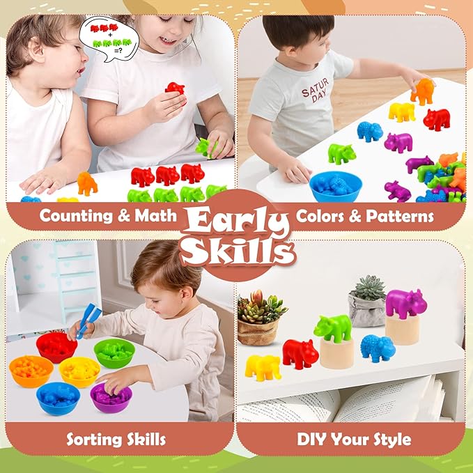 GKDOMS Counting Animals Toys Matching Game with Sorting Bowls Preschool Learning Activities Montessori Sensory Toy for Math Color Sorting, Party Favors Birthday Exchange Gifts for Toddlers