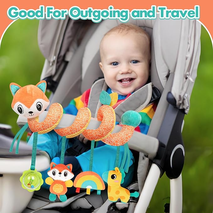 GKDOMS Baby Car Seat Toys Activity Stroller Toy for Boys Girls 0 3 6 9 10 12 Months, Spiral Hanging Plush Toys, Baby Shower Thank You Gifts