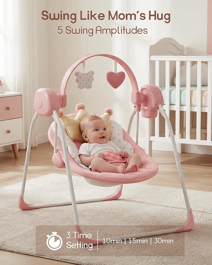 Baby Swings for Infants, Baby Girl Swing for Newborn, Portable Infant Swing with Music, Adaptable Speed, Timing, Soft Cushion, 0-9 Months 20 lbs(Pink)