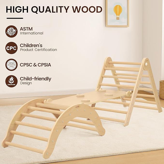Belleur 7-in-1 Climbing Toys for Toddlers 1-3 Years Old, Foldable Wooden Pikler Triangle Set Indoor, Montessori Climbing Set with Arch, Ramp & Ladder - Natural
