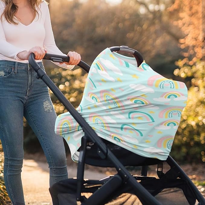 Biyejit Rainbow Clouds Stars Baby Stuff Car Seat Covers Baby Multi-Use Car Seat Canopy Carrier Cover, Breathable Breastfeeding Cover Boys & Girls