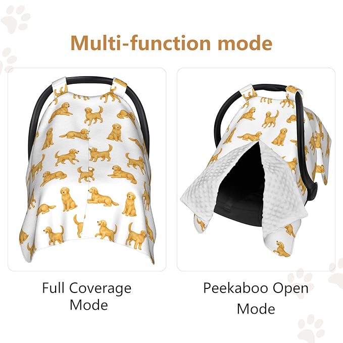 Golden Retriever Carseat Covers Baby, Winter Carseat Cover for Baby, Minky Baby Car Seat Cover for Boy & Girl, Peekaboo Opening Car Seat Canopy for Newborn, Multi Use Mom Nursing Cover