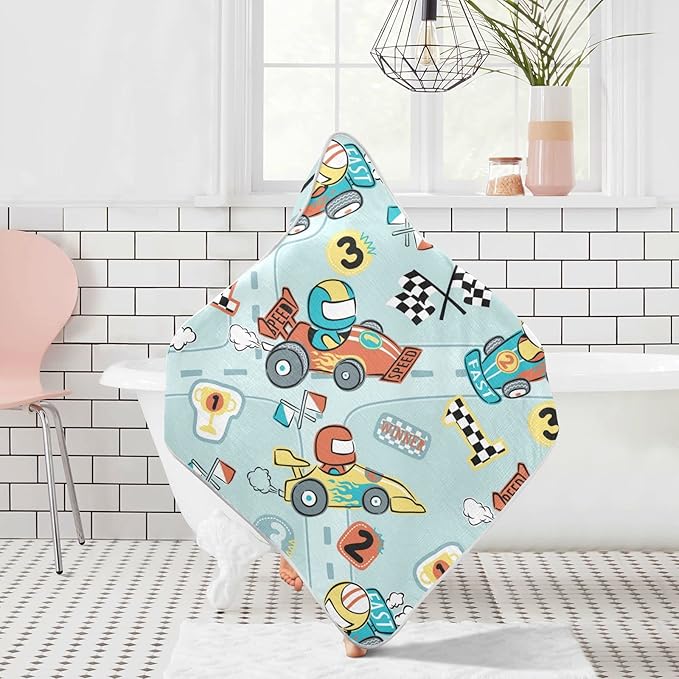 Pigsaly Car Racing Cartoon Hooded Baby Towel Race Car Flag Baby Bath Towel Unisex Soft Organic Cotton Washcloths Toddlers Shower Gifts for Boys Girls Newborn 30 x 30 in