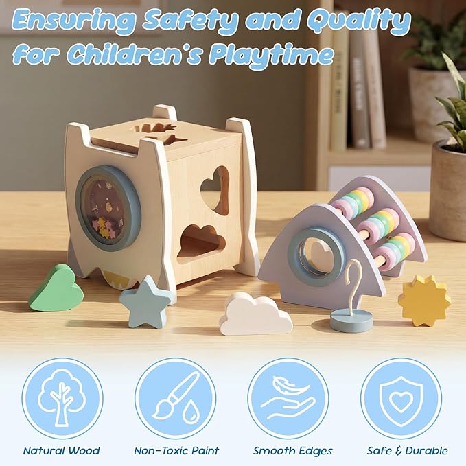 Wooden Space Rocket Activity Cube Toys for Baby, Montessoritoys for 2 3 Year Old Boy & Girl Birthday Gifts, Sensory and Educational Birthday Gifts, Busy Board Toys for Baby Boy