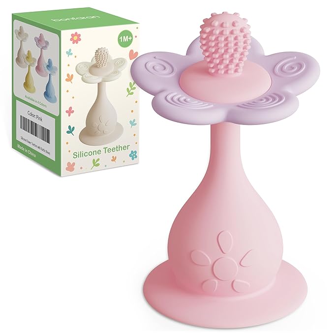 Baby Flower Teether Rattle Toy, Sensory Toy for Baby 0-24 Months, Teething Relief Chewing Toy for Infant, BPA Free Food Grade Silicone Teether (Pink)