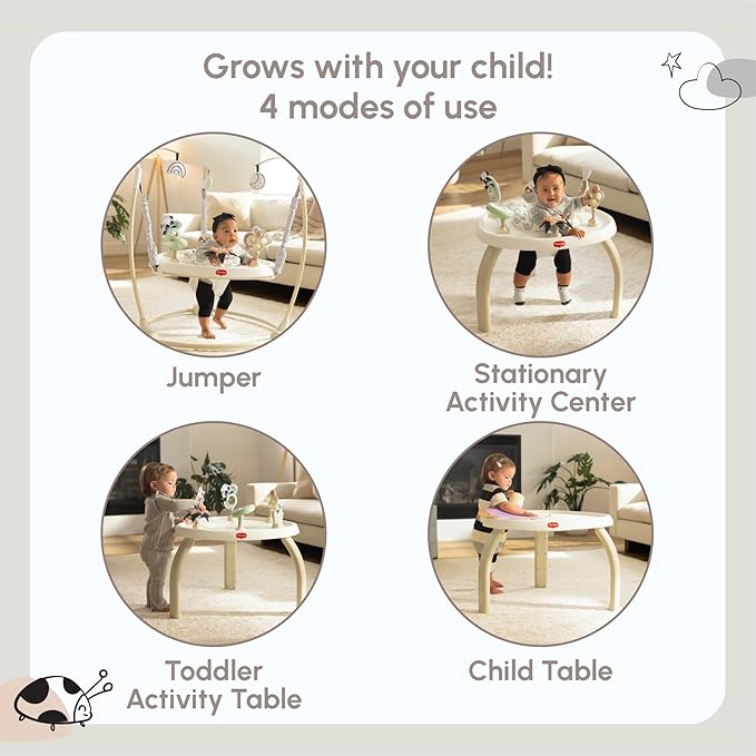 Tiny Love 4-in-1 Jump & Play Stationary Activity Center, Baby Jumper with Lights & Music, Developmental Toys, 360 Swivel Seat, Baby Activity Entertainer for 6 Months+, Black and White