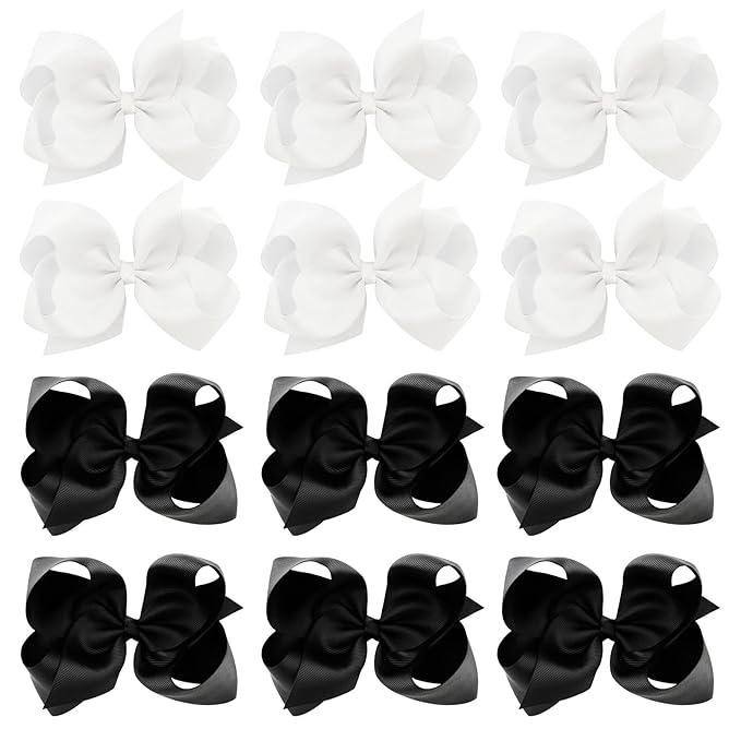 DEEKA 12 PCS 6" Big Hand-made Grosgrain Ribbon Hair Bow Alligator Clips Hair Accessories for Little Teen Toddler Girls - White/Black