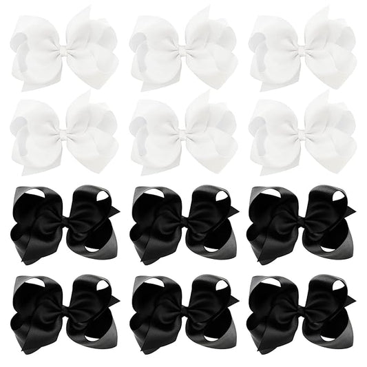 DEEKA 12 PCS 6" Big Hand-made Grosgrain Ribbon Hair Bow Alligator Clips Hair Accessories for Little Teen Toddler Girls - White/Black