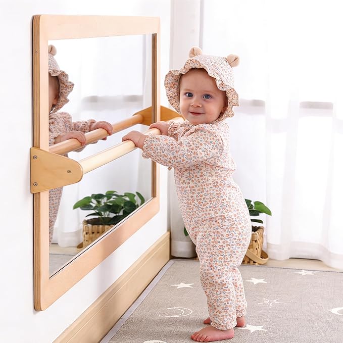 3-Position Montessori Shatterproof Safety Baby Mirror w/Pull Up Handrail, Infant Coordination Mirror Set, Kid's Classroom Furniture for Nursery, Daycare, Homeschool or Preschool (Natural Pura)