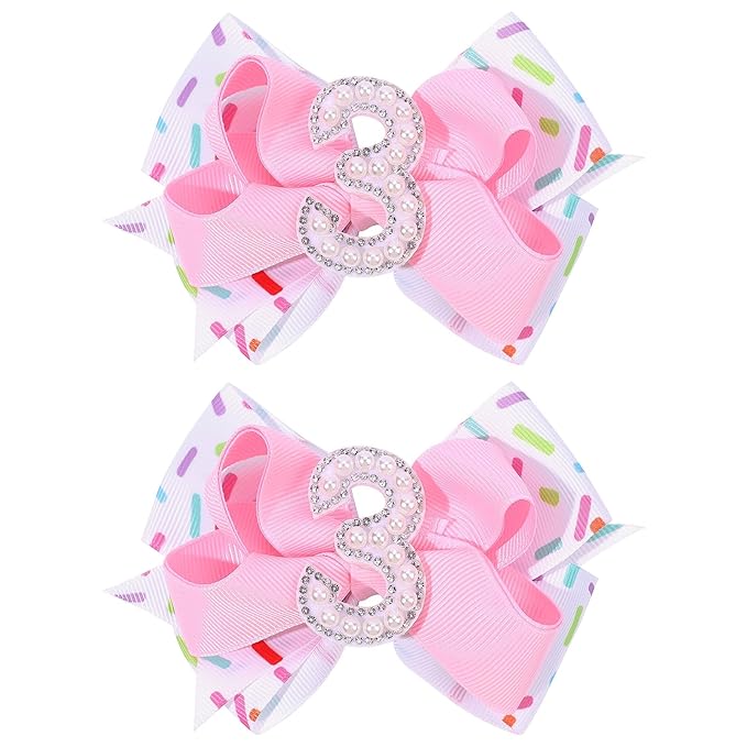 2PCS Hair Bows for Baby Girls Birthday - 3rd Birthday Hair Bow Sweet Theme with Ice Cream Party, Pink Hair Accessories for Baby Toddler 1 2 3 4 5 6 Years, Outfit & Decorations