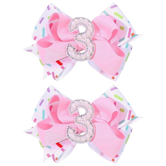 2PCS Hair Bows for Baby Girls Birthday - 3rd Birthday Hair Bow Sweet Theme with Ice Cream Party, Pink Hair Accessories for Baby Toddler 1 2 3 4 5 6 Years, Outfit & Decorations