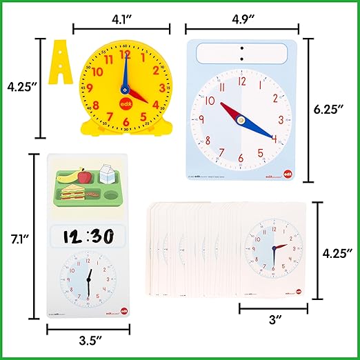 edxeducation Learning Clock Activity Set | 8 Double-Sided Activity Cards and 25 Flashcards | Digital and Analog Teaching Clocks for Kids