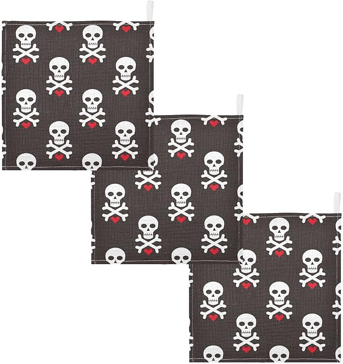 Baby Washcloths Cotton Skull Red Heart Baby Muslin Washcloths Soft Baby Face Towel for Newborn Infants Baby Wipes, 11.8 X 11.8 Inch, 5 Pack