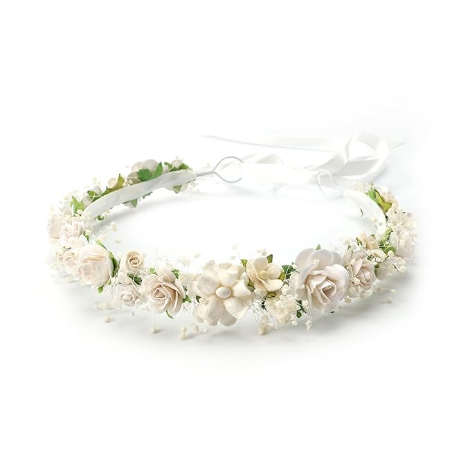 Toddler Flower Crown with Baby's Breath 1st Birthday Photo Prop Headpiece Baby Girls Floral Hair Wreath Rustic Wedding Headband for Toddler(40cm length)
