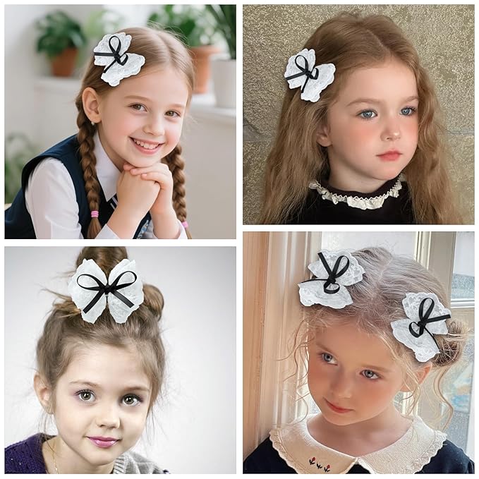 2pcs black hair bow clips for girls. white lace bow with black hair ribbon, fully lined alligator clips. Handmade hair accessories for girls.