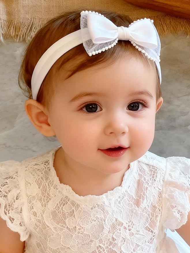 Baby Girls Headband White Bow Lace Headbands Soft Elastic Bowknot Hairbands Cute Hair Accessory for Newborn Kids Infant Toddler Baptism Birthday Party (White Bow)