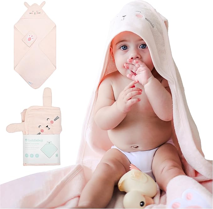 CuddleBug Premium Hooded Baby Bath Towel & Washcloth Set (Bear) - 100% Cotton Terrycloth Hooded Baby Towels for Newborn & Toddler - Super-Soft & Absorbent, Newborn Essentials (33" x 33") - Blush Pink