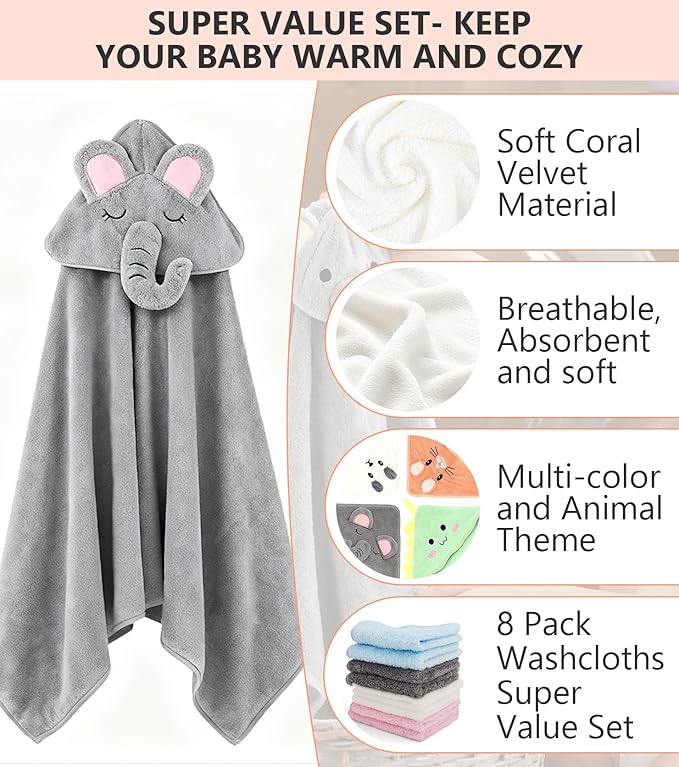 12 PCS Baby Bath Towels Set - 4 Pack Animal Hooded Baby Towels Robe + 8 Soft Washcloths, Ultra Absorbent & Quick Drying, Cute Newborn Bath Essentials for Boys Girls, Infant Toddler Shower Gift
