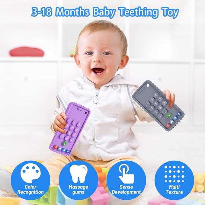 Baby Phone Teething Toys for 0-3, 0-6, 6-12 Months | Soft Silicone Baby Cell Phone Teethers