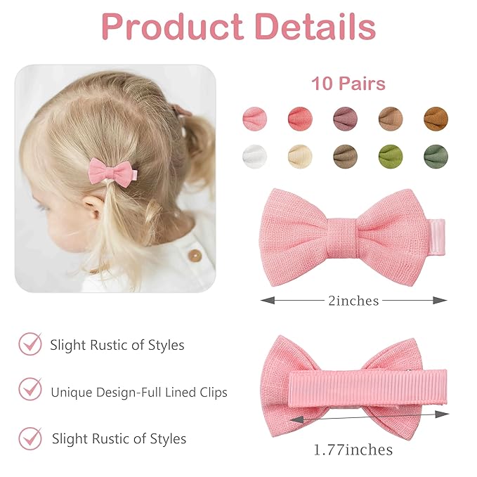 CÉLLOT 20Pcs Hair Clips Fully Lined 2 inch Bows Cotton and Linen Baby Hair Bows Hair Clips for Baby Girls Infants Toddlers and Kids
