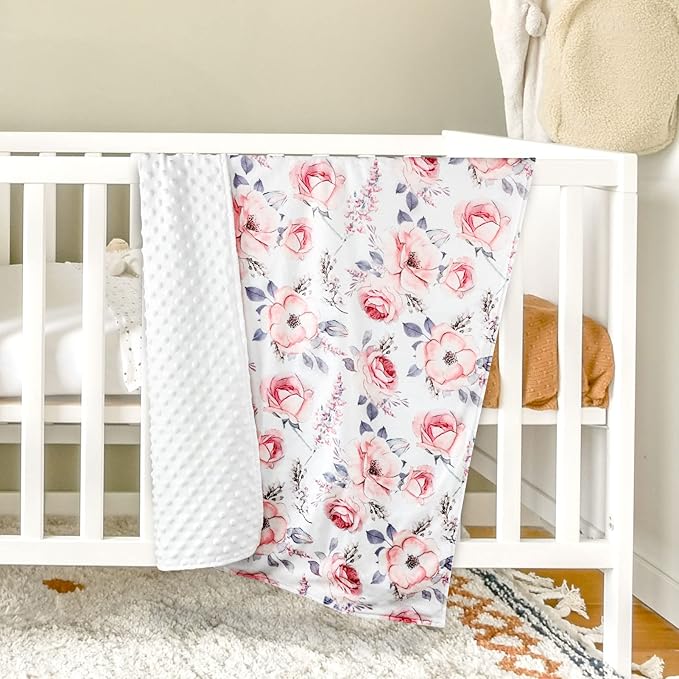 Baby Car Seat Cover and Blanket for Girls, Winter Car Seat Covers for Babies, Minky Blankets with Dotted Backing, Pink Floral