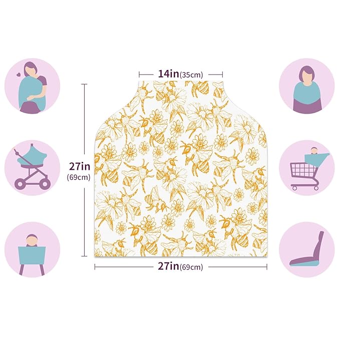 Baby Car Seat Stroller Covers Honey Bee Queen Collect Nectar Nursing Cover Breastfeeding Scarf Soft Breathable Stretchy Infant Car Canopy Coverage Carseat Cover for Boys and Girls Multi Use