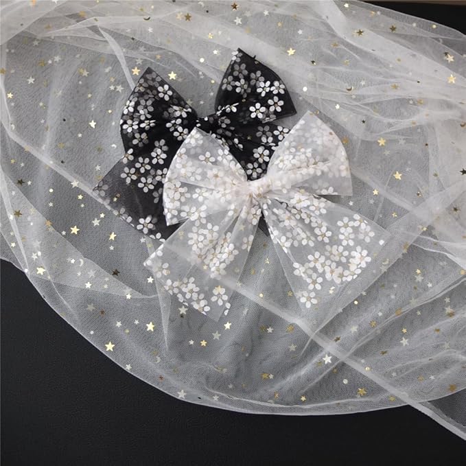 Large Tulle Bow Hair Clips for Baby Girls - Lace Hair Bow Women Cottagecore Lightweight Gauze Hair Barrettes Accessories (Black and White Gold Foil)